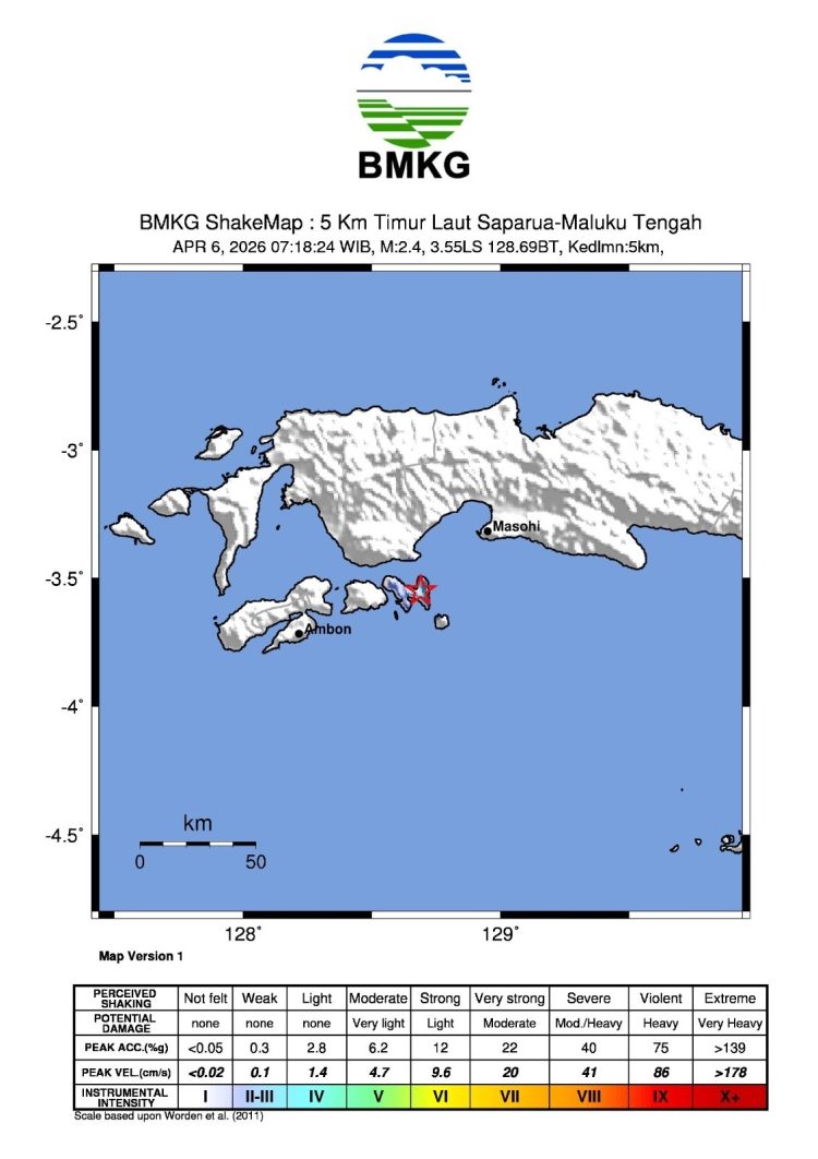 BMKG Catat Gempa M 2,4 di Saparua Maluku Tengah, Tak Ada Laporan Kerusakan